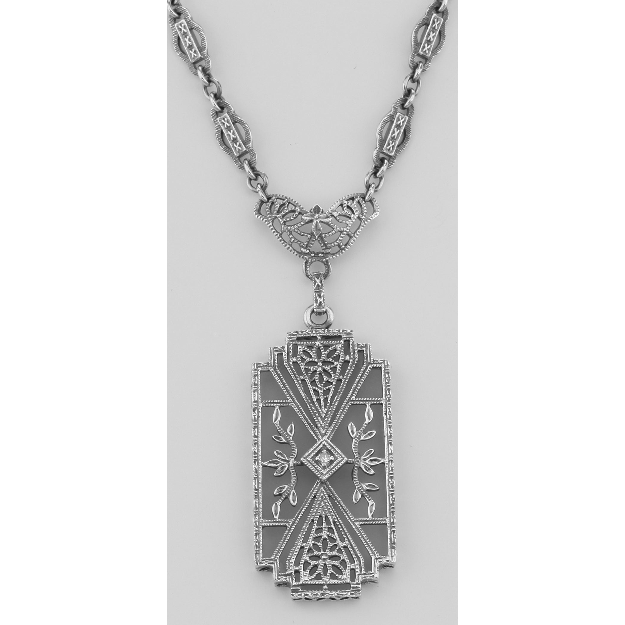 Detail view of Art Deco Style Camphor Glass Filigree Diamond Necklace Sterling Silver highlighting Diamond, Camphor Glass