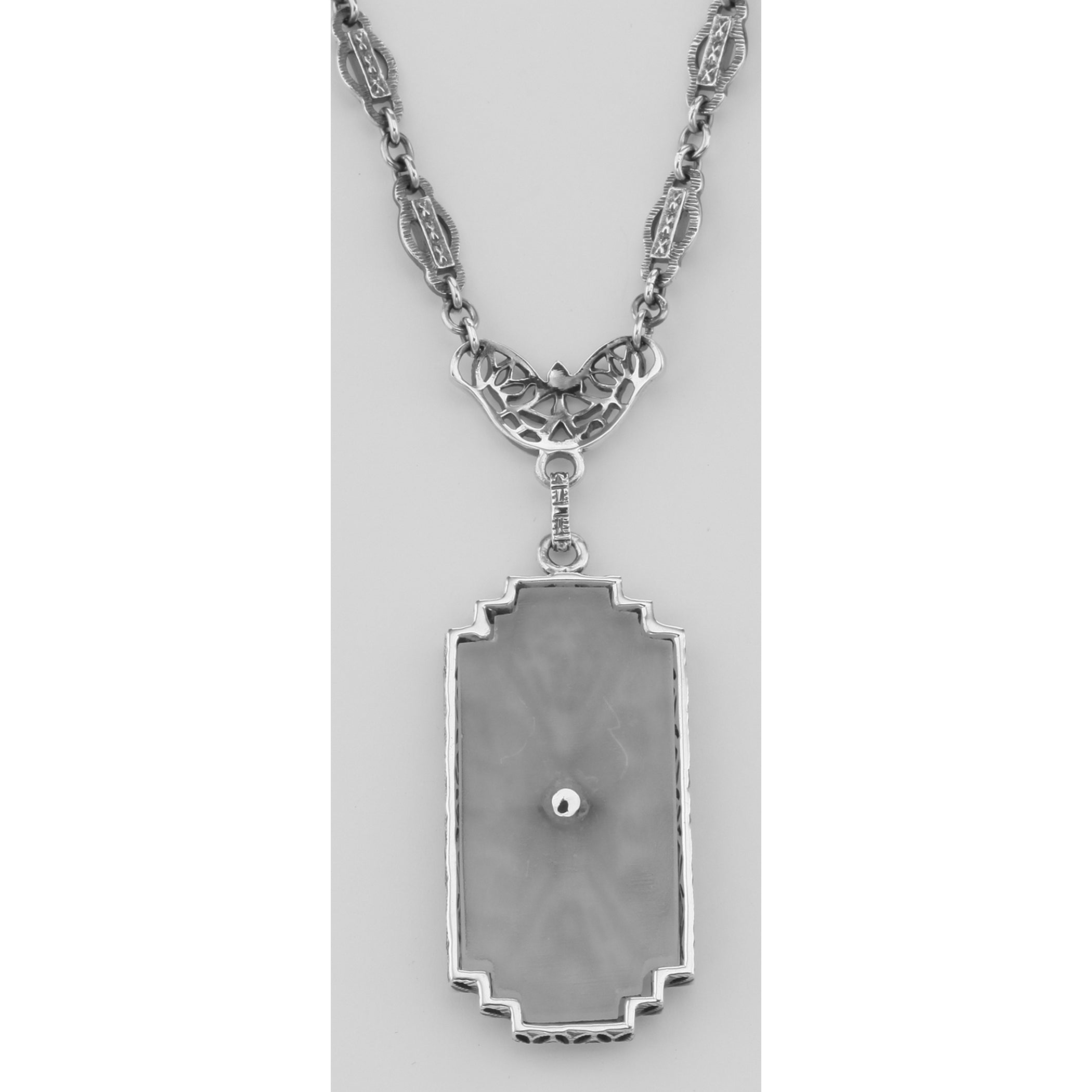 Back view of Art Deco Style Camphor Glass Filigree Diamond Necklace Sterling Silver showing 925 sterling silver hallmark and 