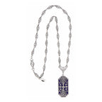 Detail view of Art Deco Style Blue Lapis Filigree Diamond Necklace highlighting Diamond, Lapis
