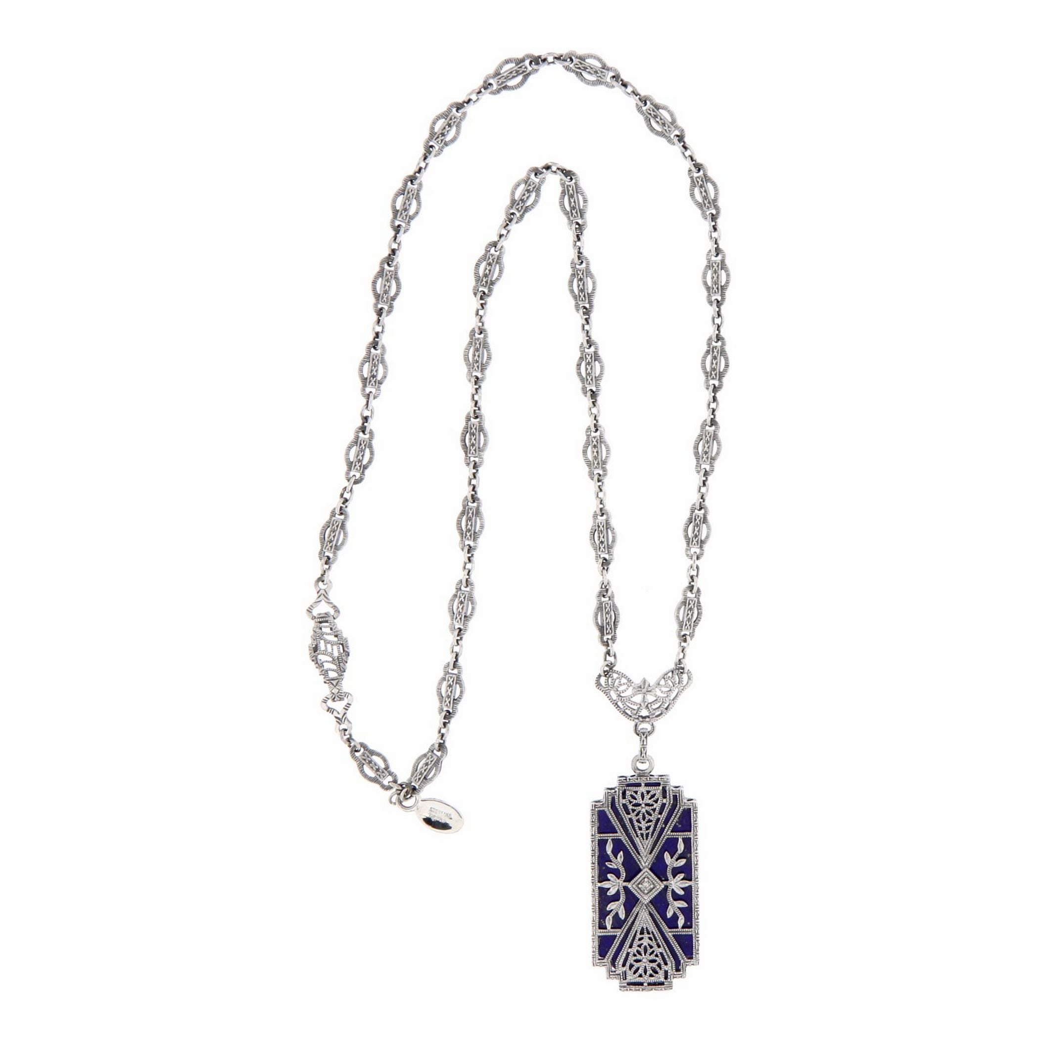 Detail view of Art Deco Style Blue Lapis Filigree Diamond Necklace highlighting Diamond, Lapis
