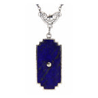 Back view of Art Deco Style Blue Lapis Filigree Diamond Necklace showing 925 sterling silver hallmark and spring ring clasp