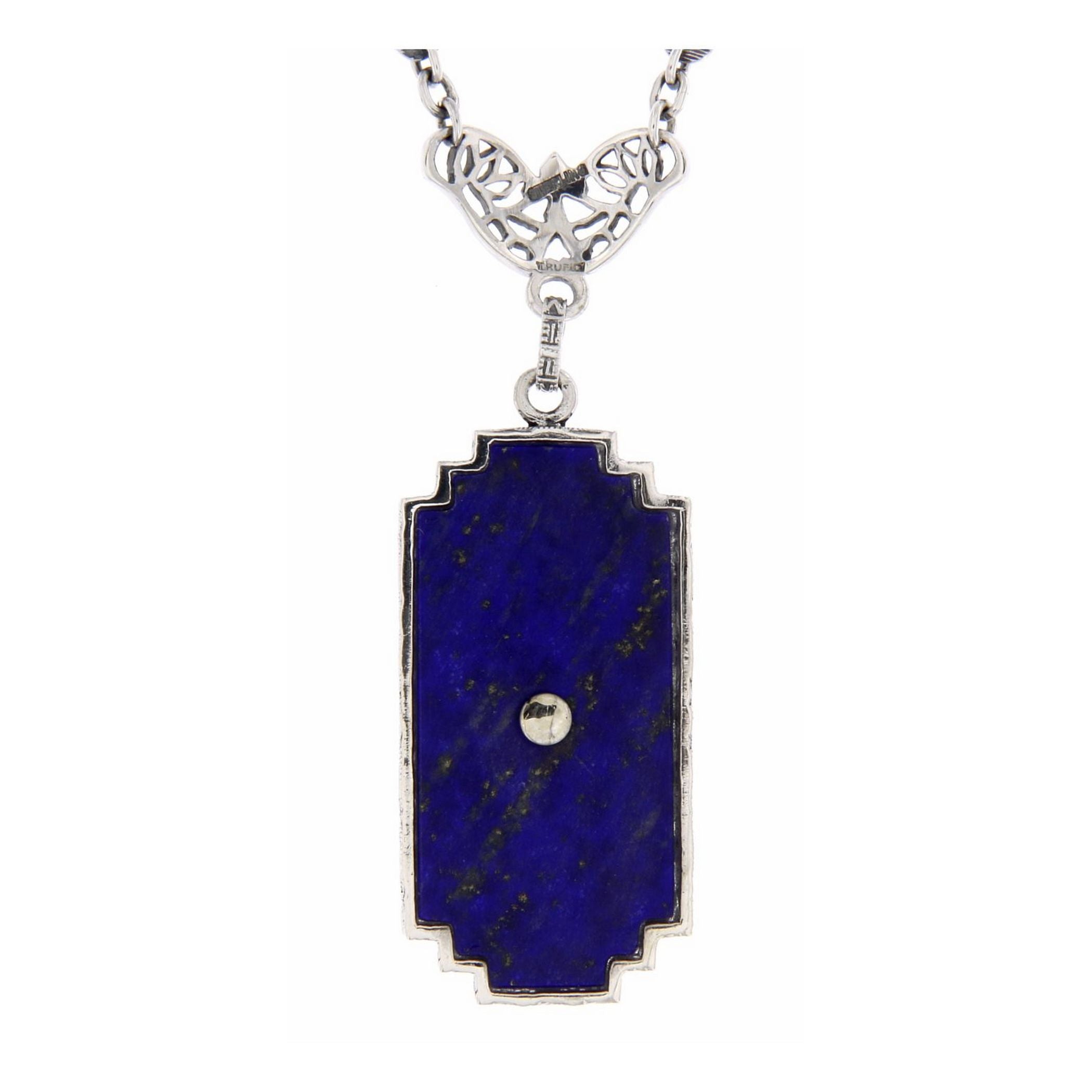 Back view of Art Deco Style Blue Lapis Filigree Diamond Necklace showing 925 sterling silver hallmark and spring ring clasp