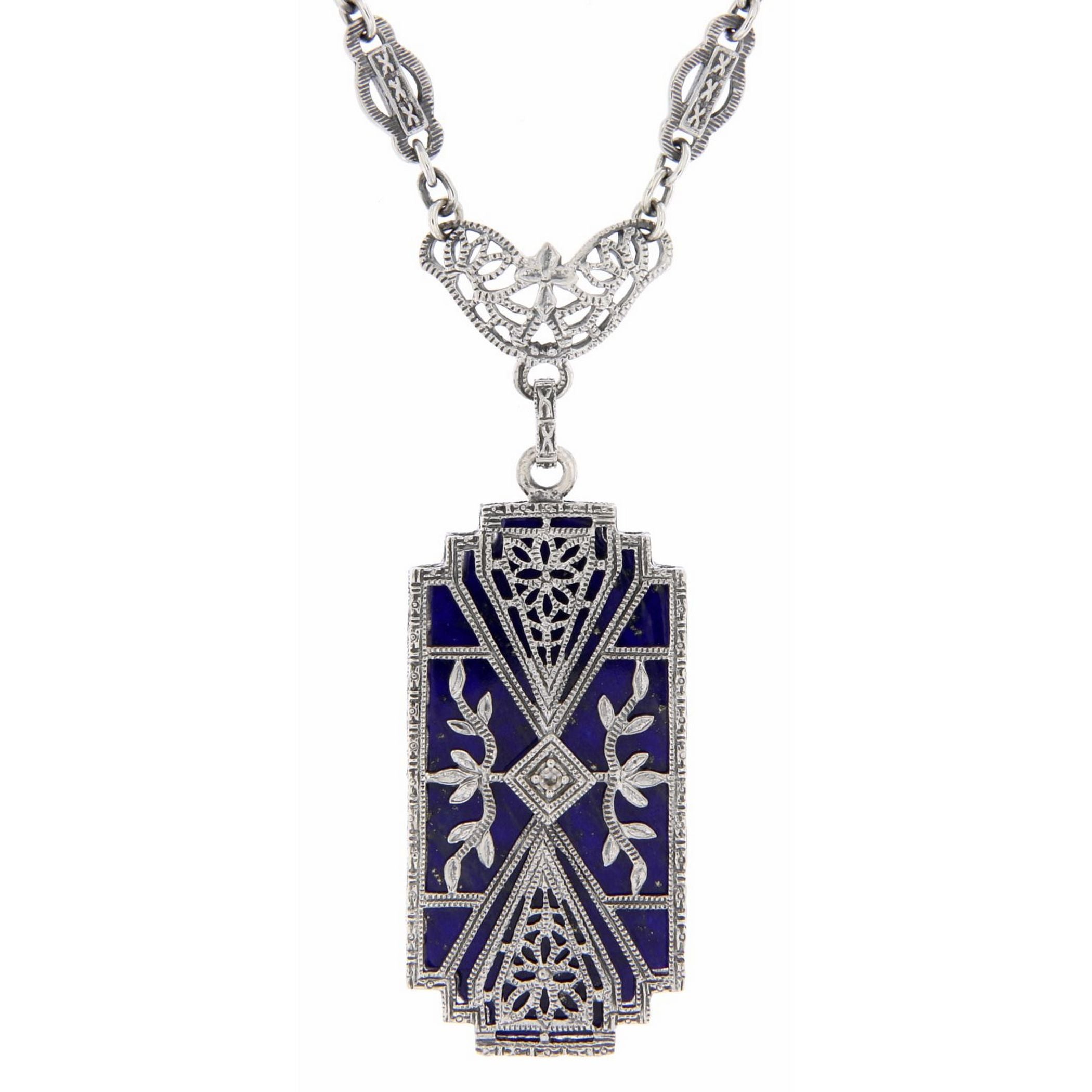 Art Deco style, Diamond, Lapis, sterling silver necklaces, front view