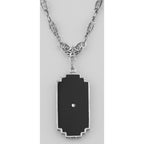 Back view of Art Deco Style Black Onyx Filigree Diamond Necklace showing 925 sterling silver hallmark and spring ring clasp