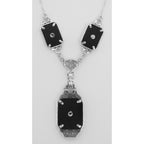 Back view of Victorian Style Black Onyx Filigree Diamond Necklace in Fine Sterling Silver showing 925 sterling silver hallmar