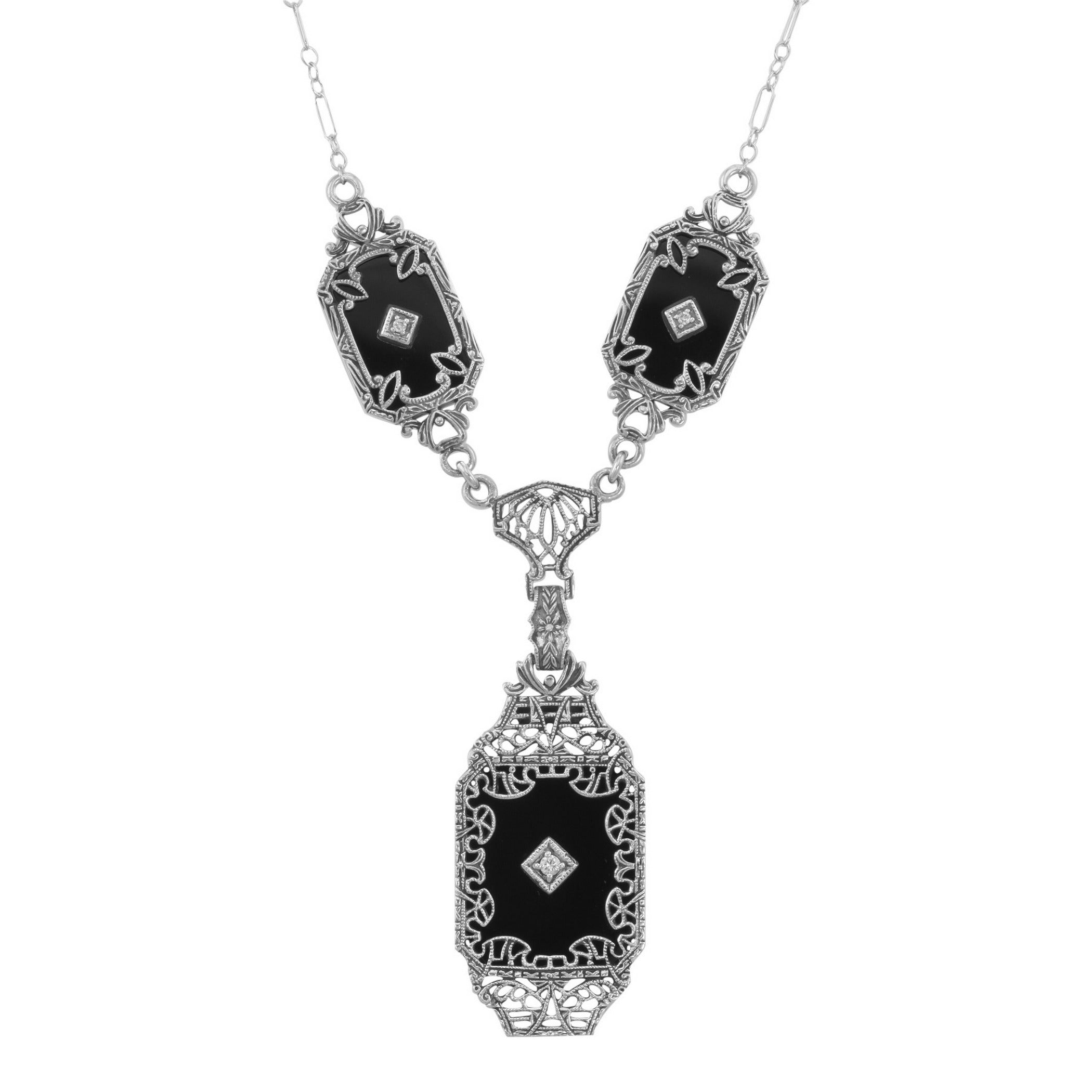 Victorian style, Diamond, Black Onyx, sterling silver necklaces, front view