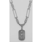 Detail view of Victorian Style White Topaz Filigree Necklace with 18 Inch Chain Sterling Silver highlighting White Topaz