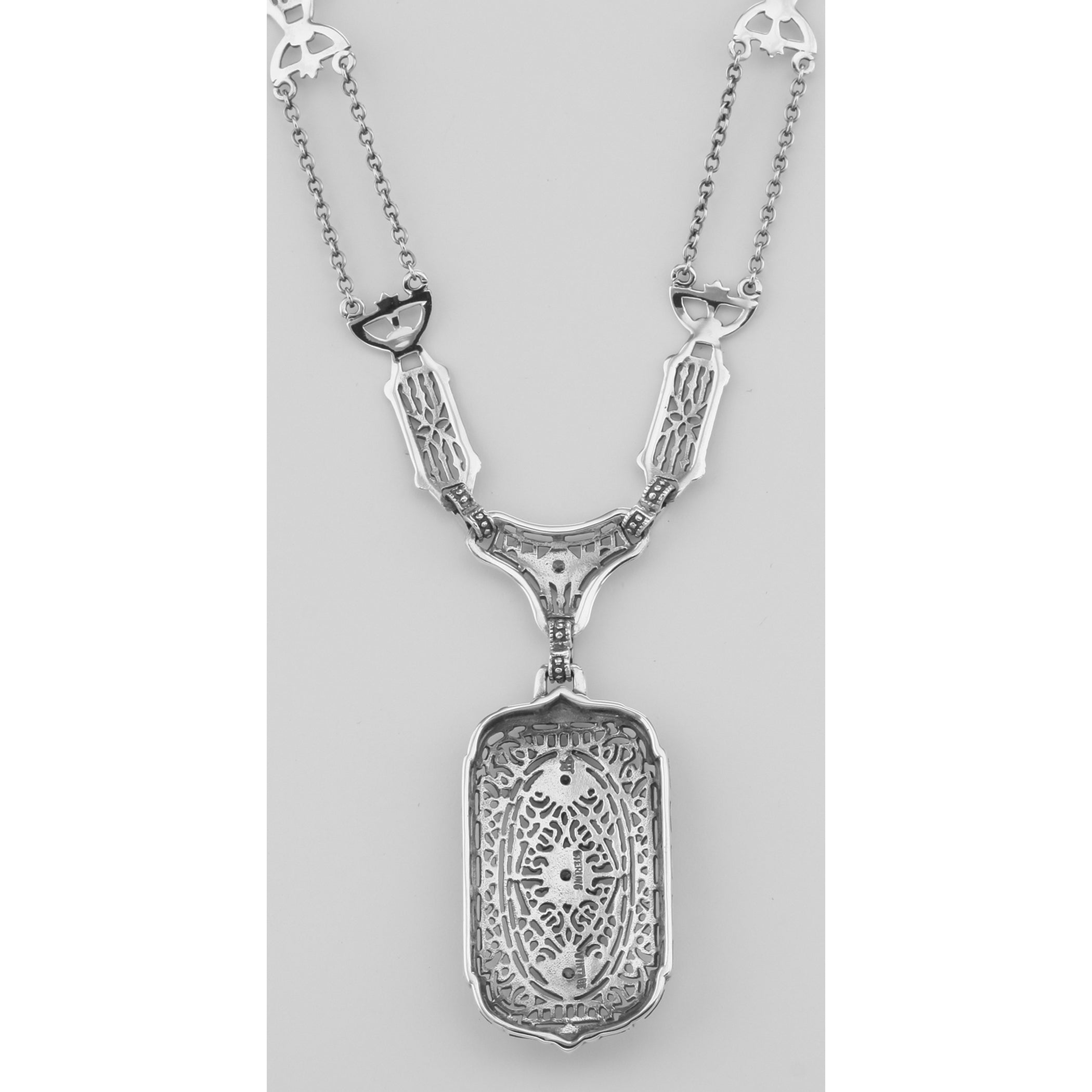 Back view of Victorian Style White Topaz Filigree Necklace with 18 Inch Chain Sterling Silver showing 925 sterling silver hal