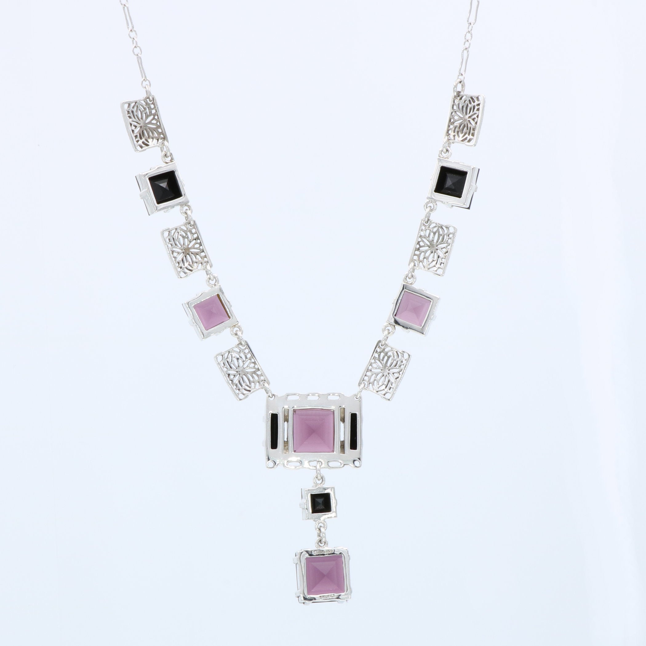 Back view of Art Deco Style Amethyst and Onyx Necklace showing 925 sterling silver hallmark and spring ring clasp
