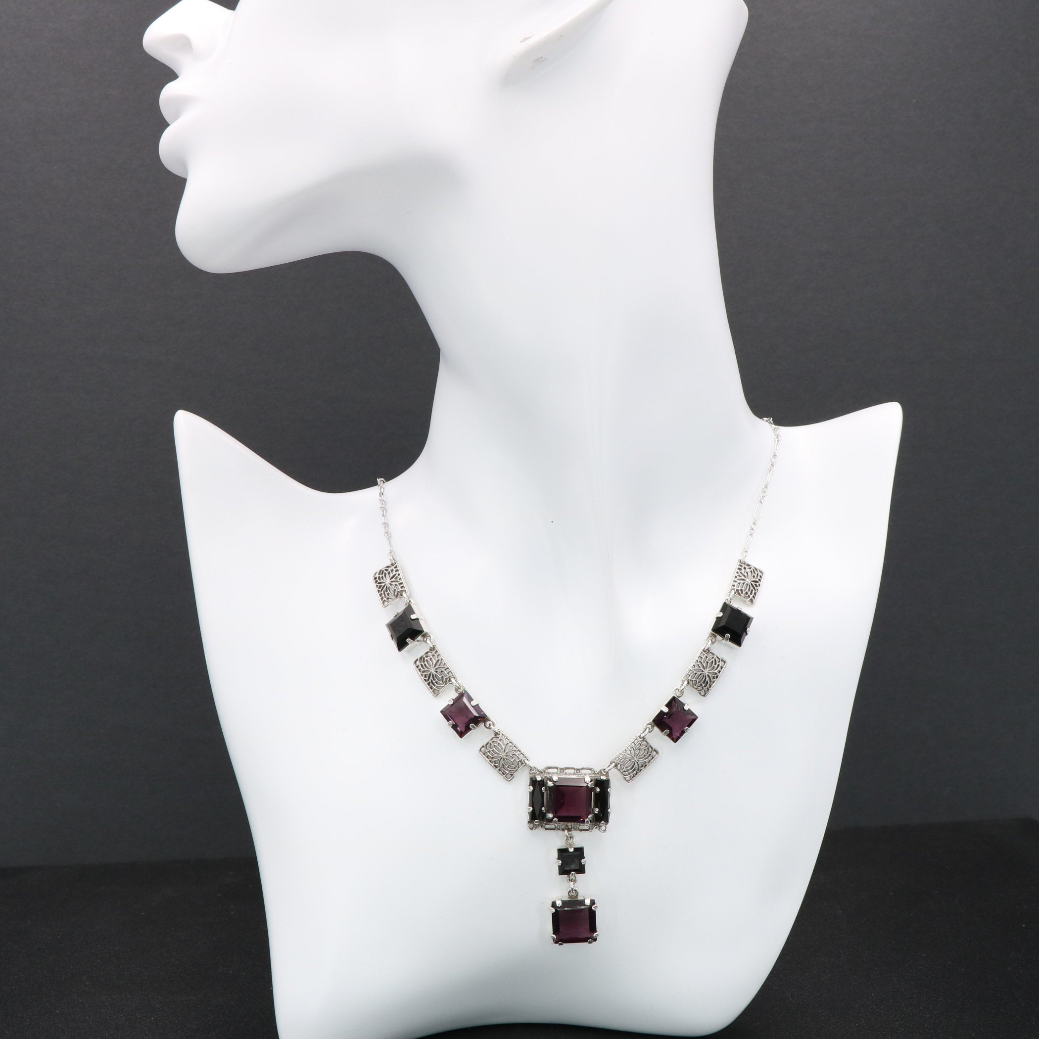 Detail view of Art Deco Style Amethyst and Onyx Necklace highlighting Amethyst, Onyx