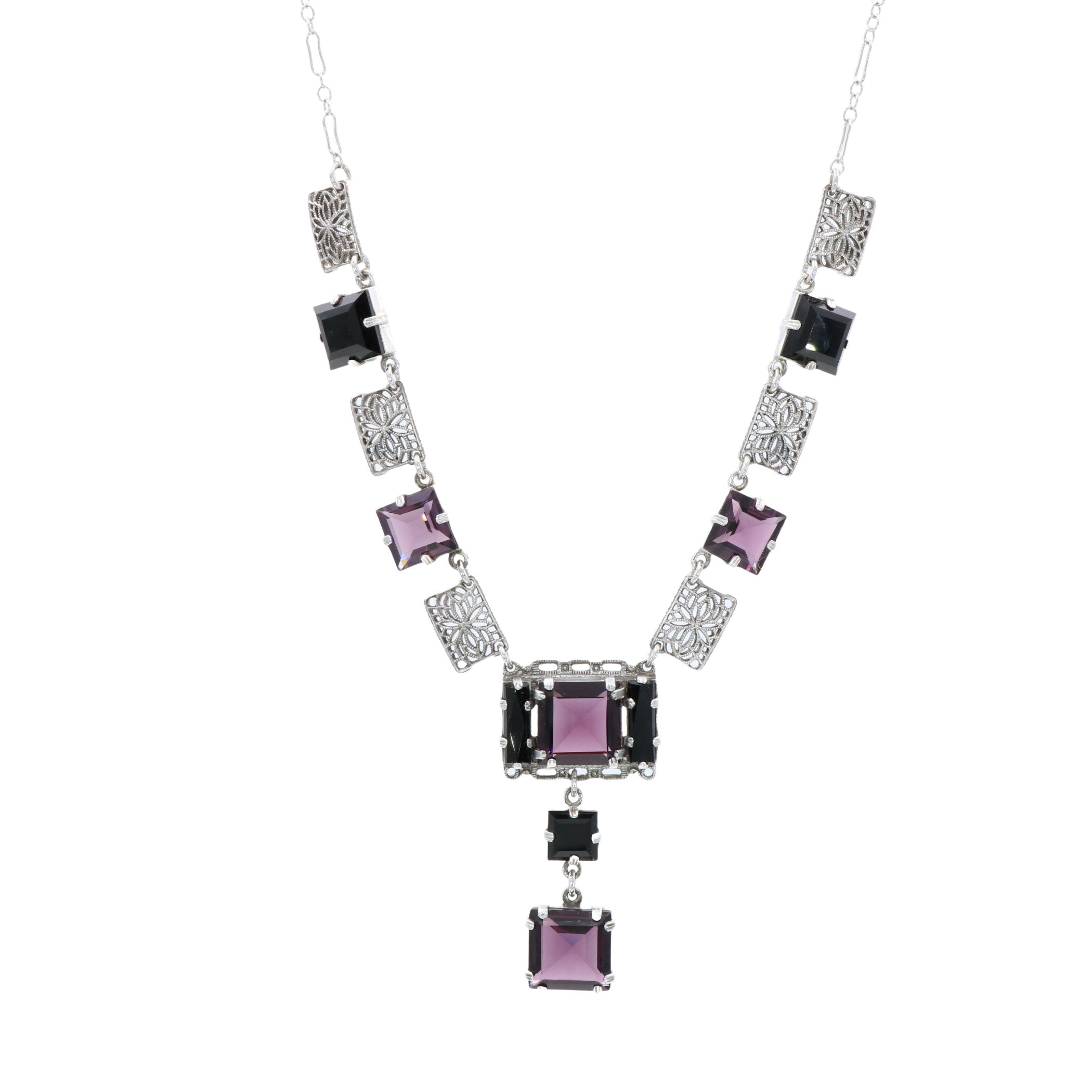 Art Deco style, Amethyst, Onyx, sterling silver necklaces, front view