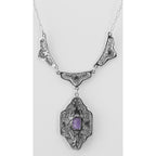 Back view of Victorian Style Floral Amethyst Filigree 19 Necklace showing 925 sterling silver hallmark and spring ring clasp