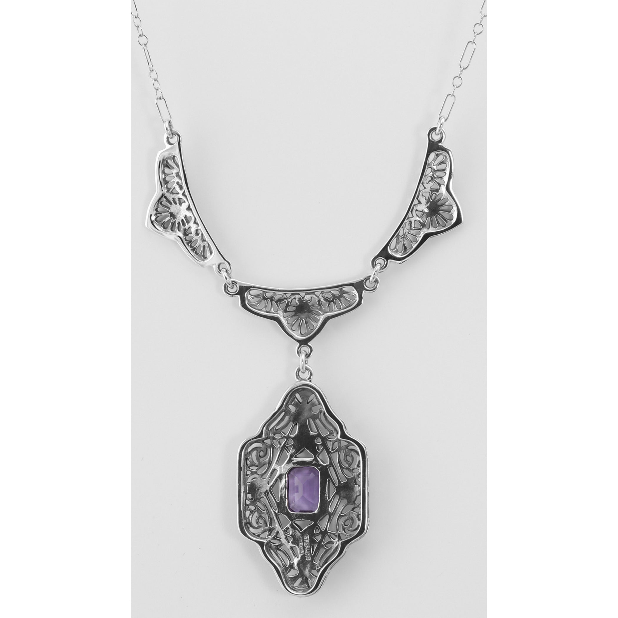 Back view of Victorian Style Floral Amethyst Filigree 19 Necklace showing 925 sterling silver hallmark and spring ring clasp