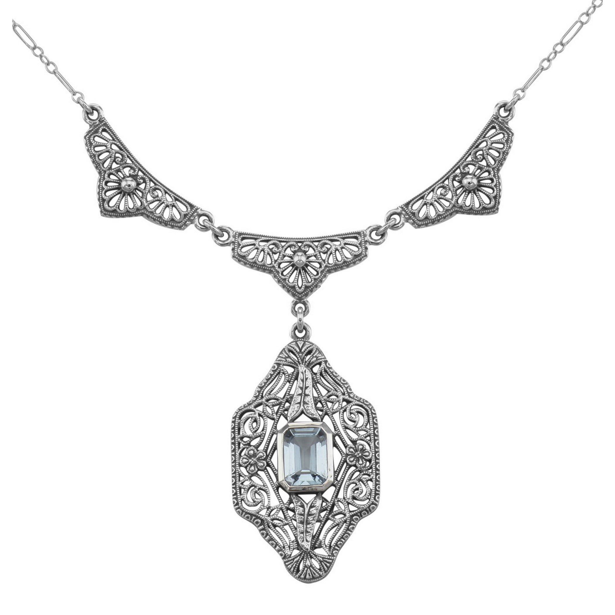 Victorian style, Blue Topaz, sterling silver necklaces, front view