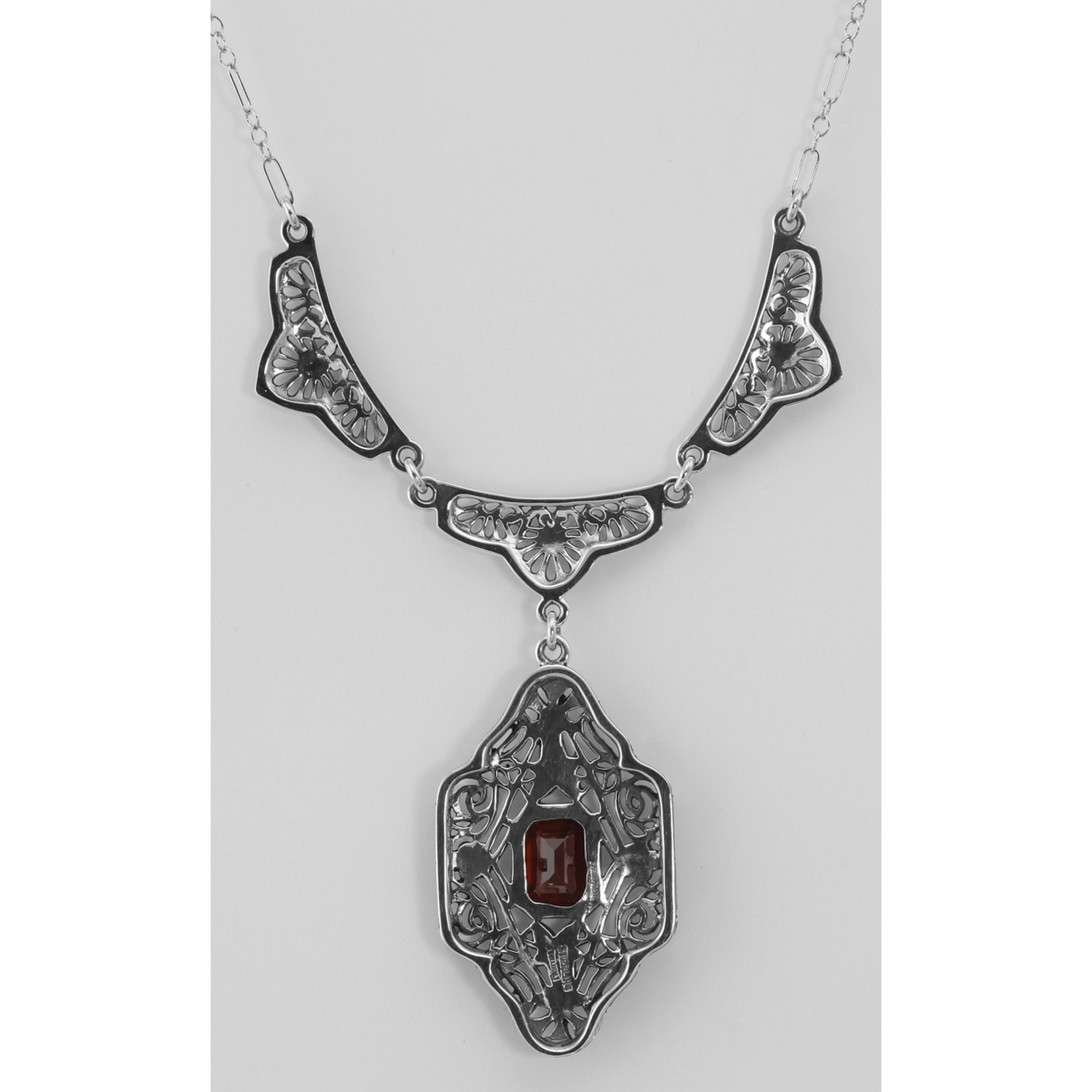 Back view of Classic Victorian Style Garnet Filigree Necklace w/ 19 Chain Sterling Silver showing 925 sterling silver hallmar