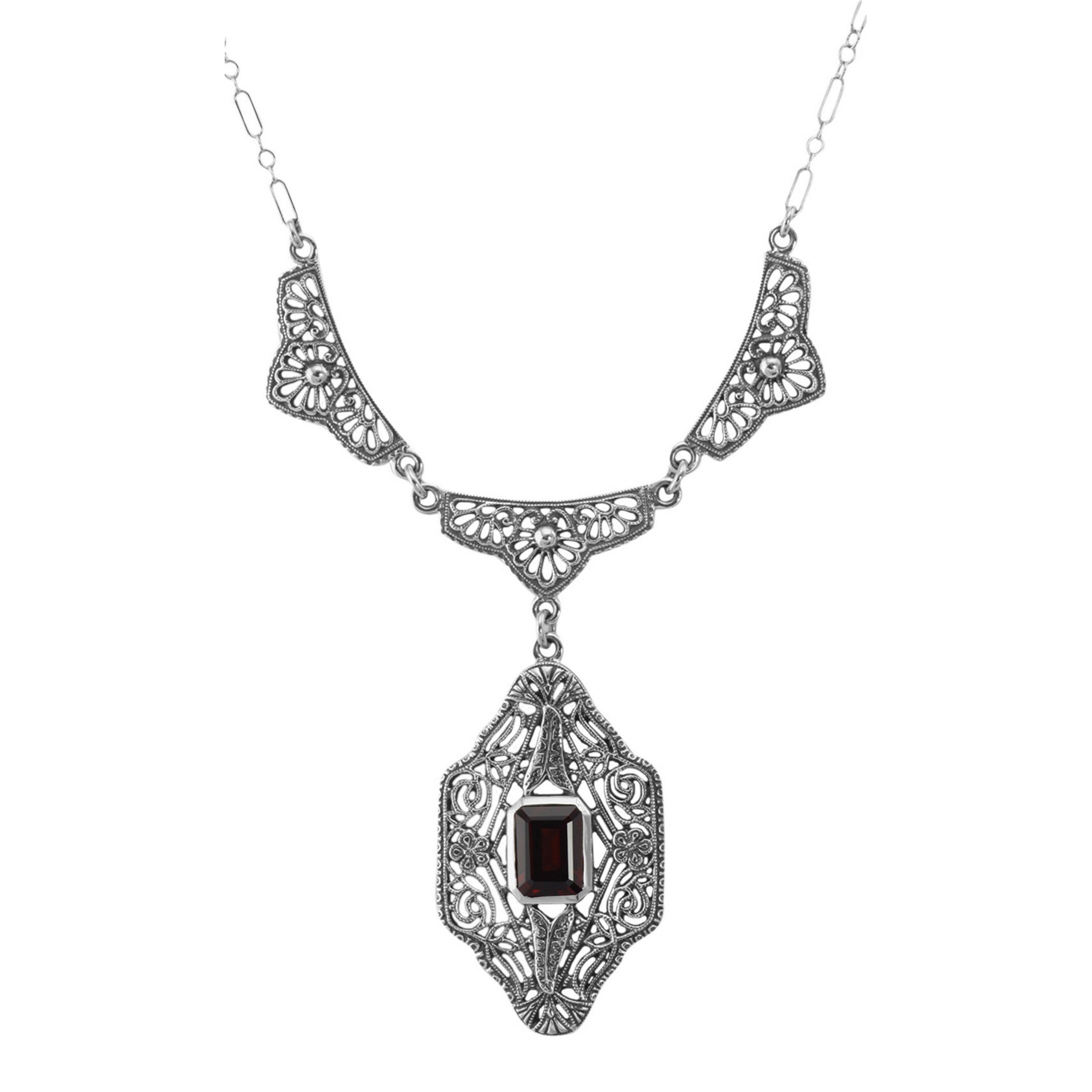 Victorian style, Garnet, sterling silver necklaces, front view