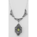 Back view of Beautiful Victorian Style Peridot Filigree Necklace 19 Chain showing 925 sterling silver hallmark and spring rin