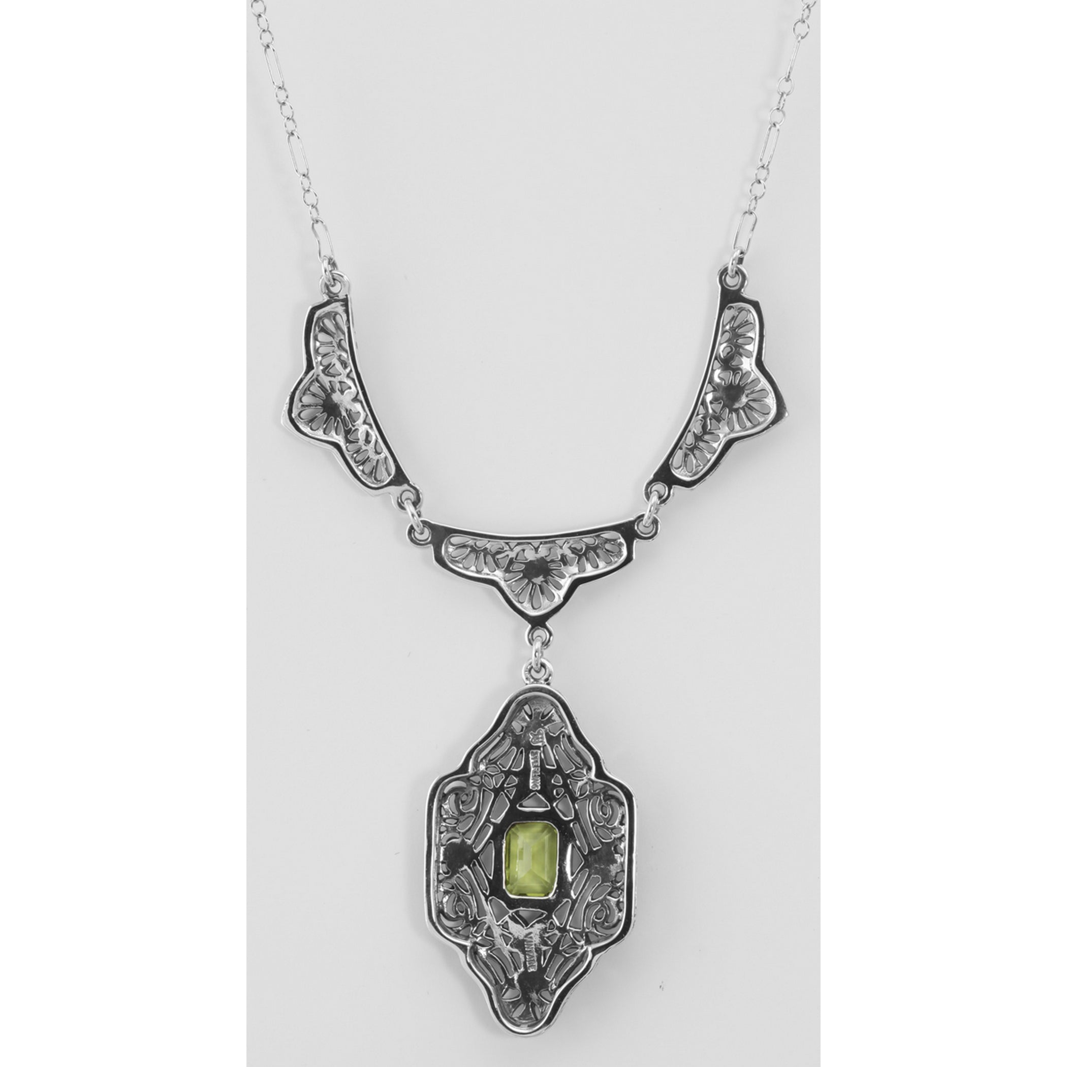 Back view of Beautiful Victorian Style Peridot Filigree Necklace 19 Chain showing 925 sterling silver hallmark and spring rin