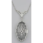 Back view of Victorian Style Cubic Zirconia Filigree Necklace with Chain showing 925 sterling silver hallmark and spring ring