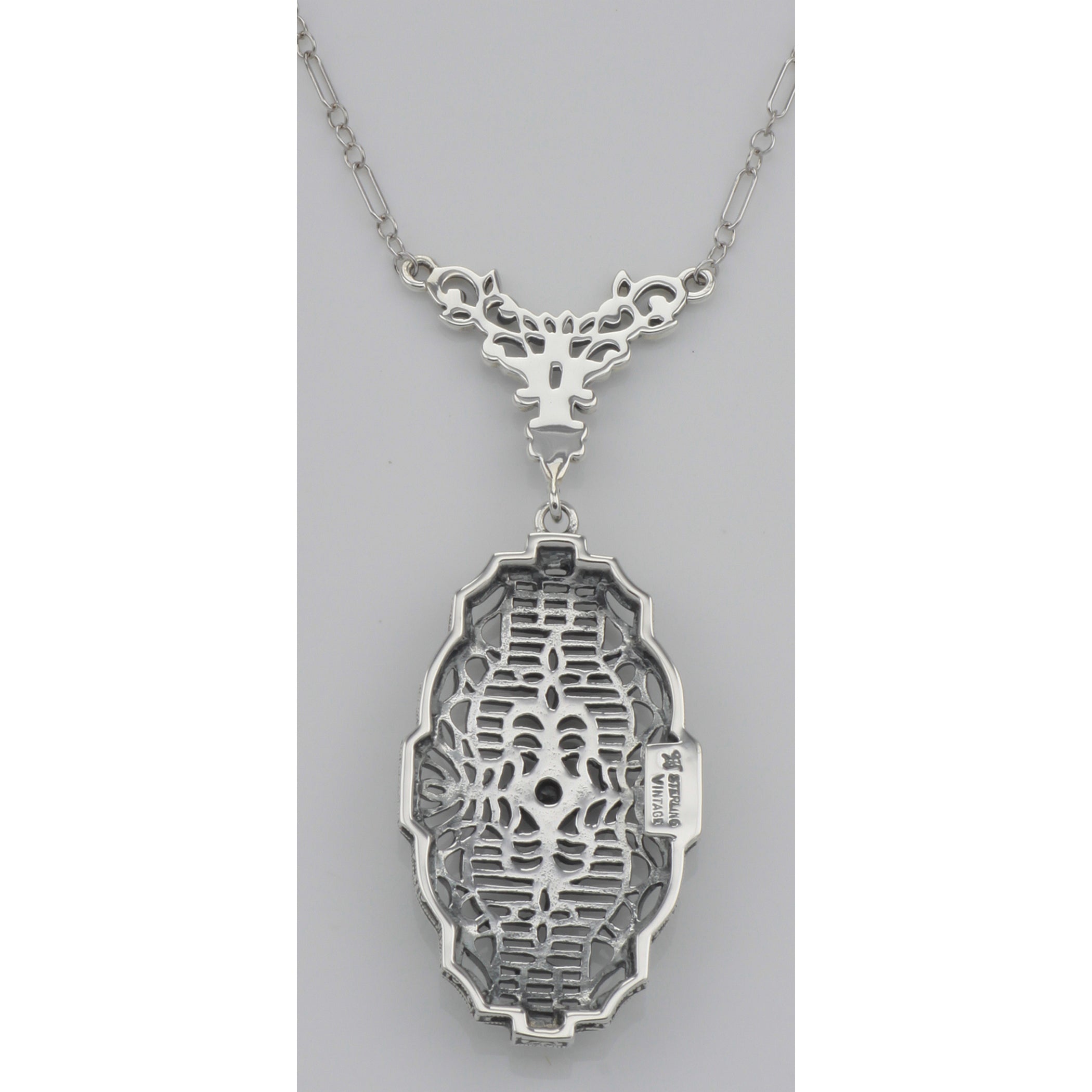 Back view of Victorian Style Cubic Zirconia Filigree Necklace with Chain showing 925 sterling silver hallmark and spring ring