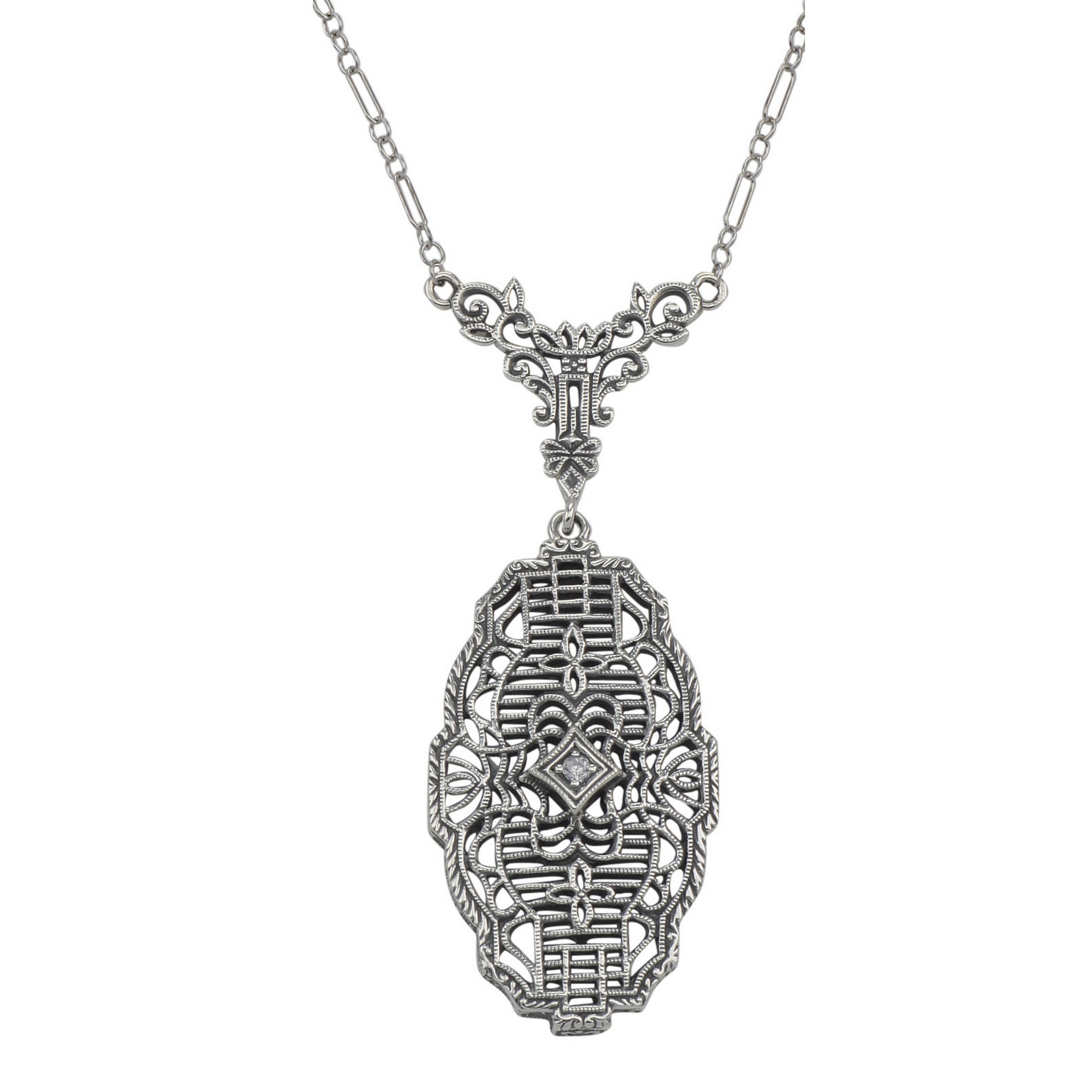 Victorian style, Cubic Zirconia, sterling silver necklaces, front view