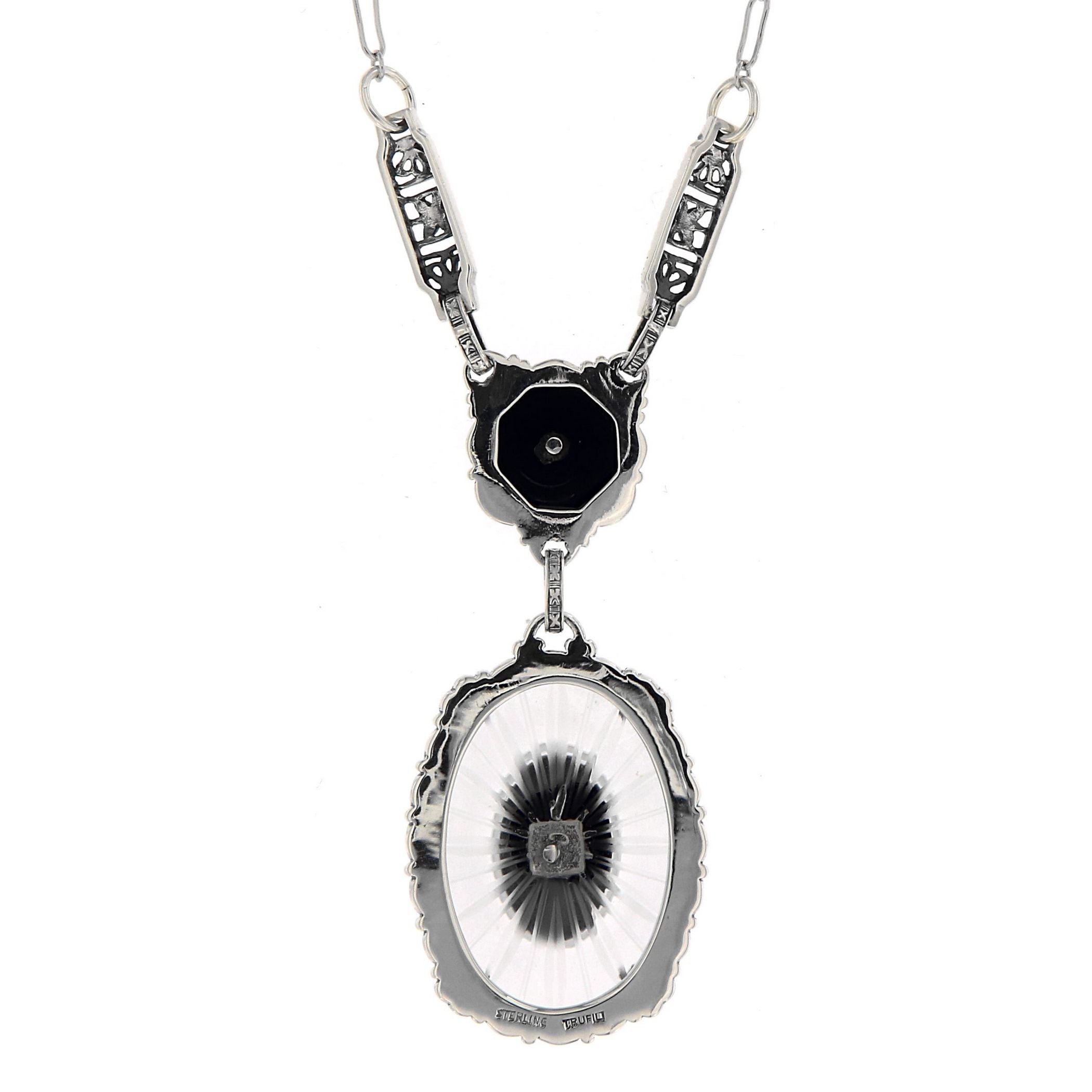 Back view of Sunray Crystal / Camphor Glass Jet Diamond Necklace showing 925 sterling silver hallmark and spring ring clasp