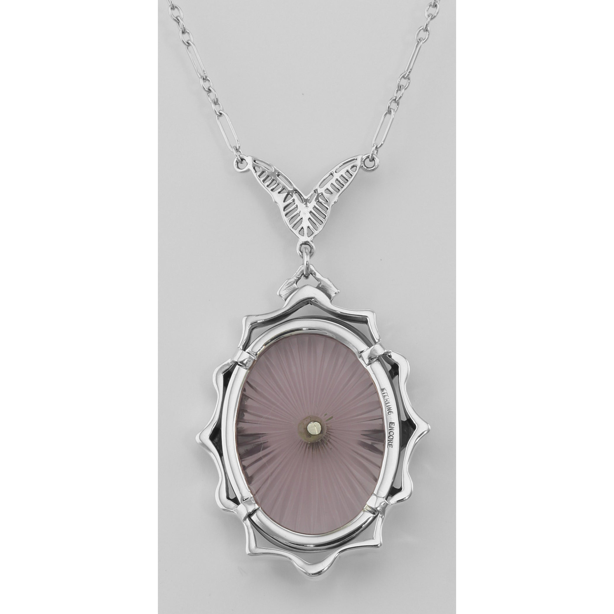 Back view of Amethyst Sunray Crystal Diamond Necklace showing 925 sterling silver hallmark and spring ring clasp