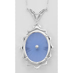 Back view of Blue Sapphire Colored Sunray Crystal Diamond Necklace showing 925 sterling silver hallmark and spring ring clasp