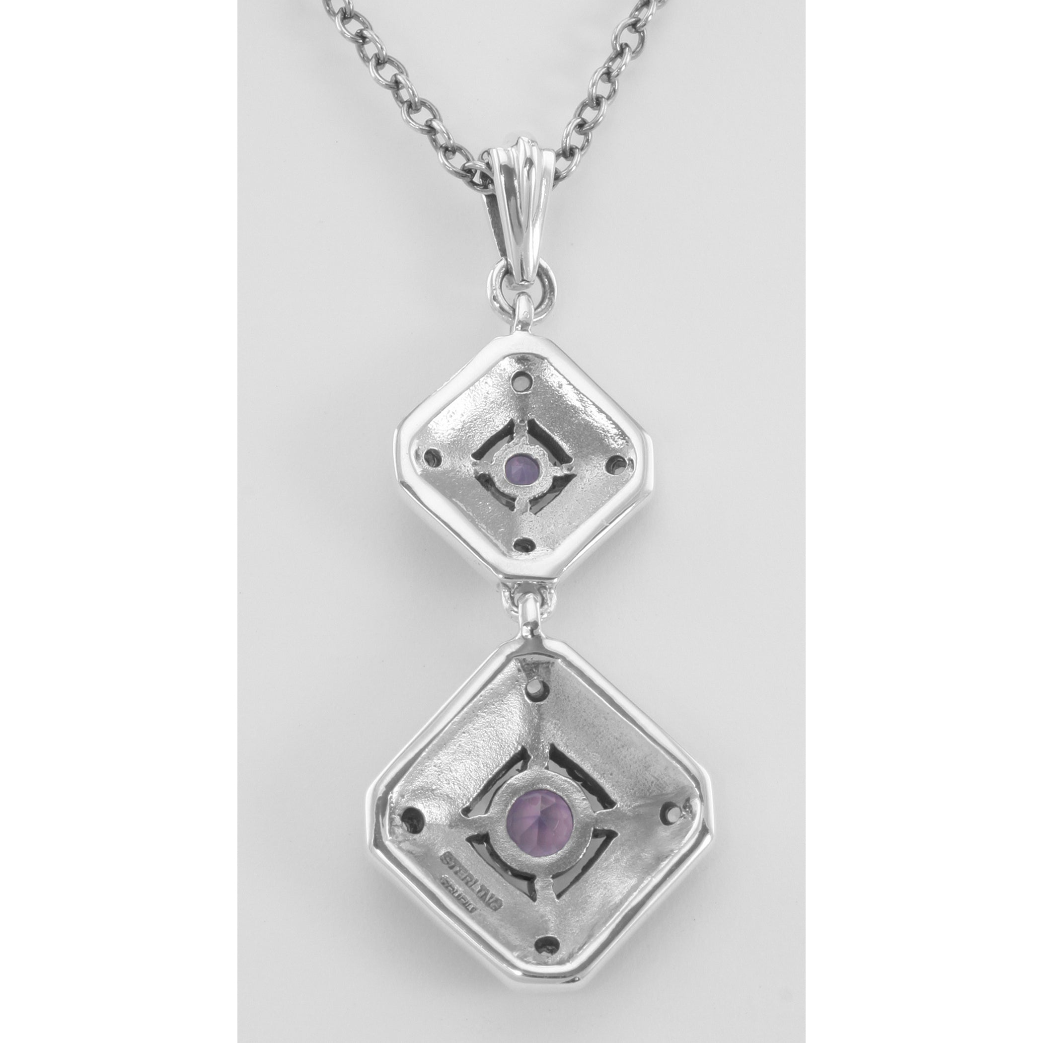 Back view of Art Deco Style Genuine Amethyst and Filigree Necklace showing 925 sterling silver hallmark and spring ring clasp