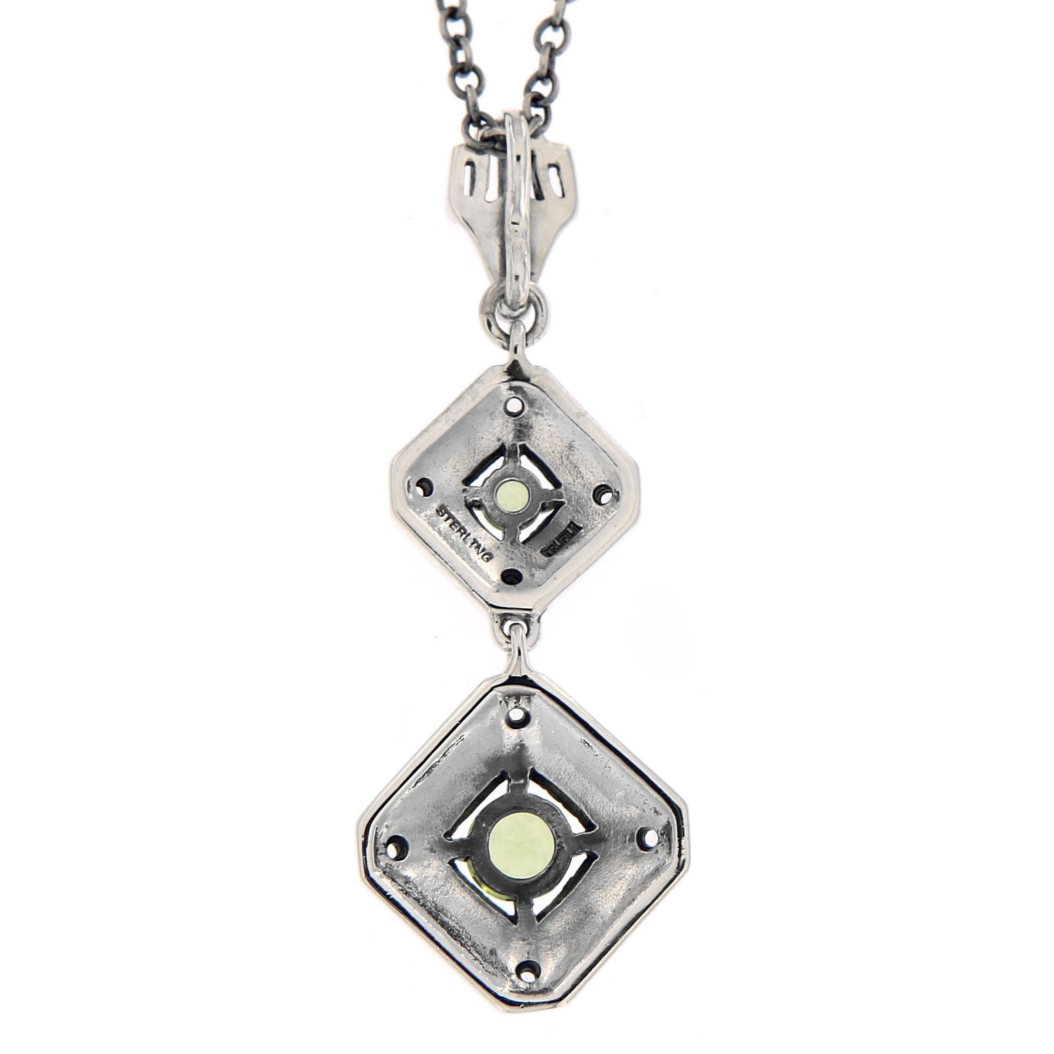 Back view of Art Deco Style Genuine Peridot and Filigree Necklace showing 925 sterling silver hallmark and spring ring clasp