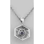 Detail view of Filigree Amethyst Pendant w/ Adjustable Chain highlighting Amethyst