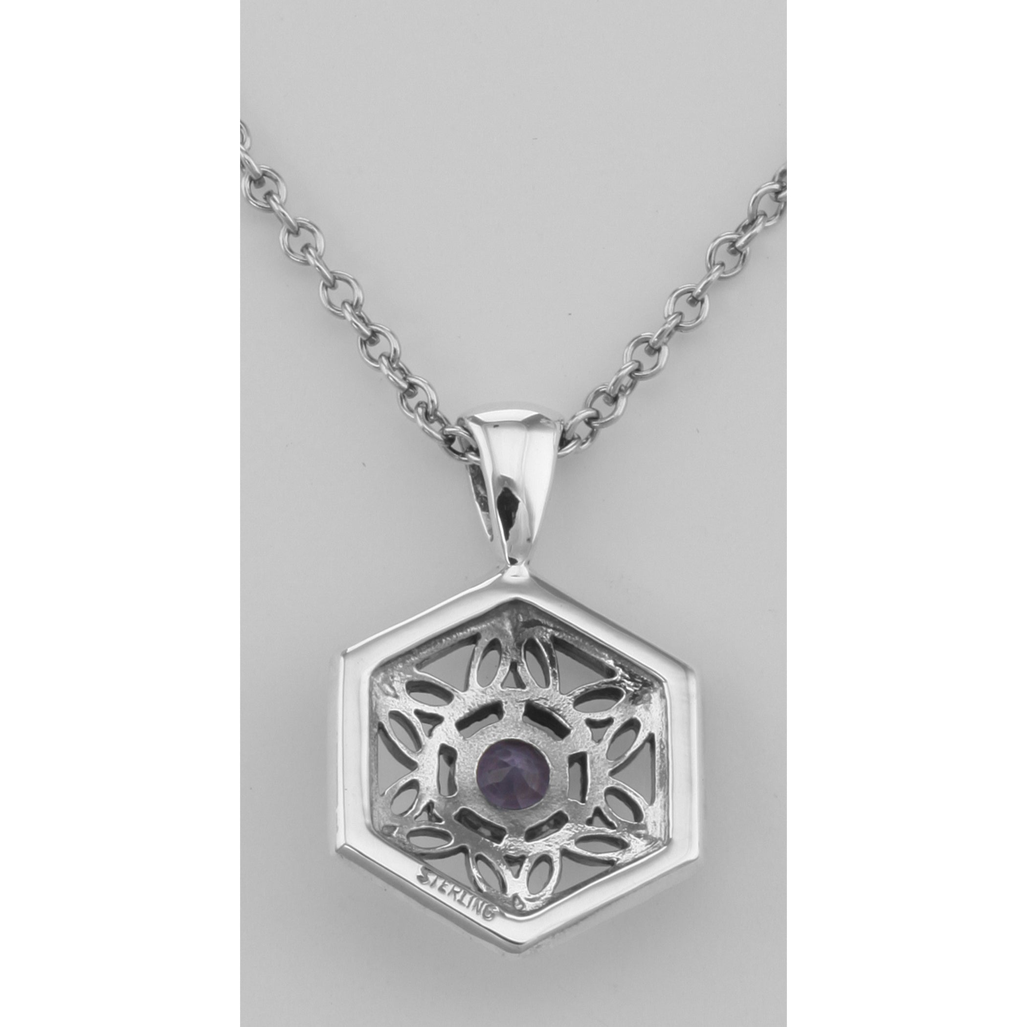 Detail view of Filigree Amethyst Pendant w/ Adjustable Chain highlighting Amethyst