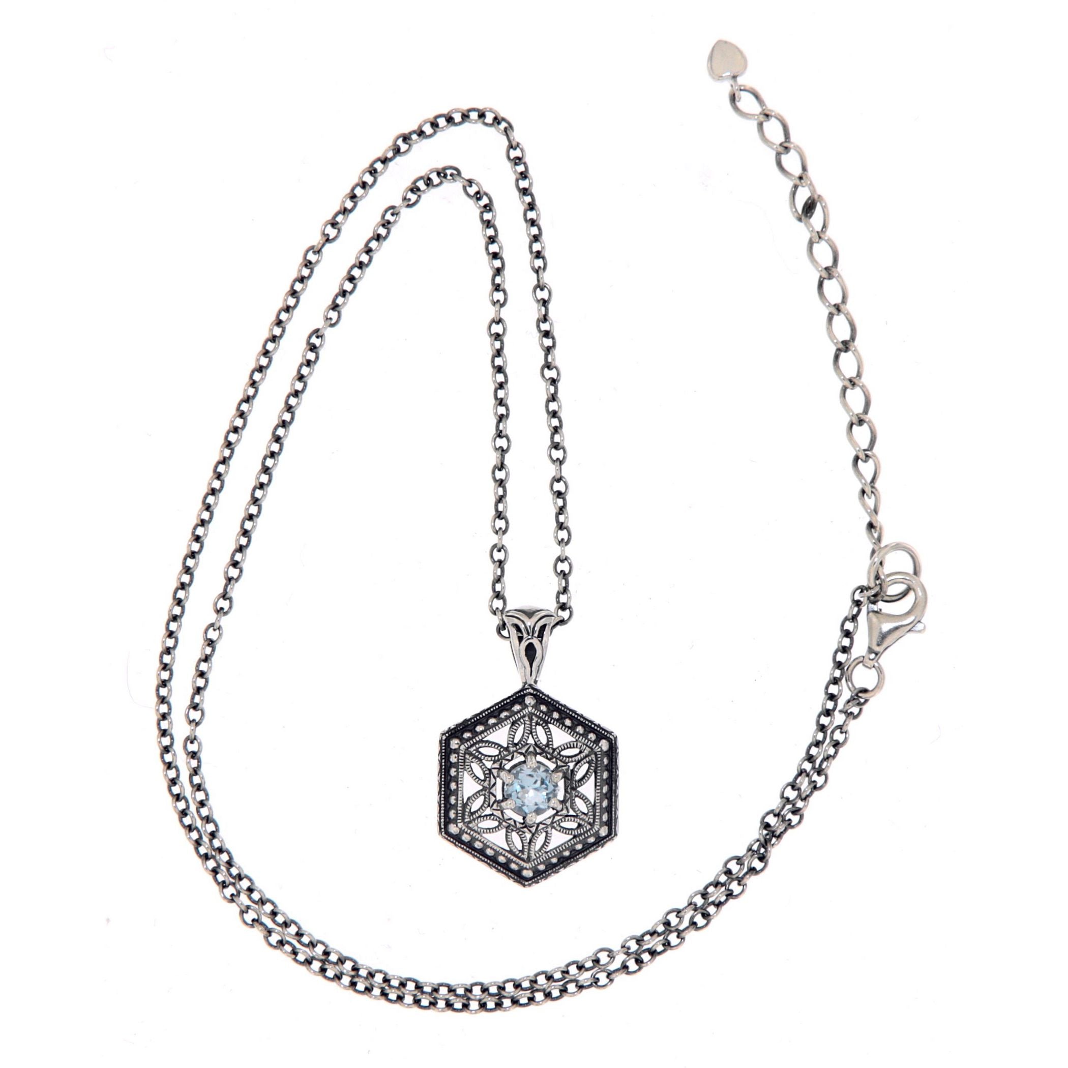 Back view of Art Deco Hexagon Filigree Blue Topaz Pendant Adjustable Chain showing 925 sterling silver hallmark and spring ri