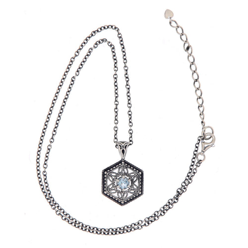Back view of Art Deco Hexagon Filigree Blue Topaz Pendant Adjustable Chain showing 925 sterling silver hallmark and spring ri