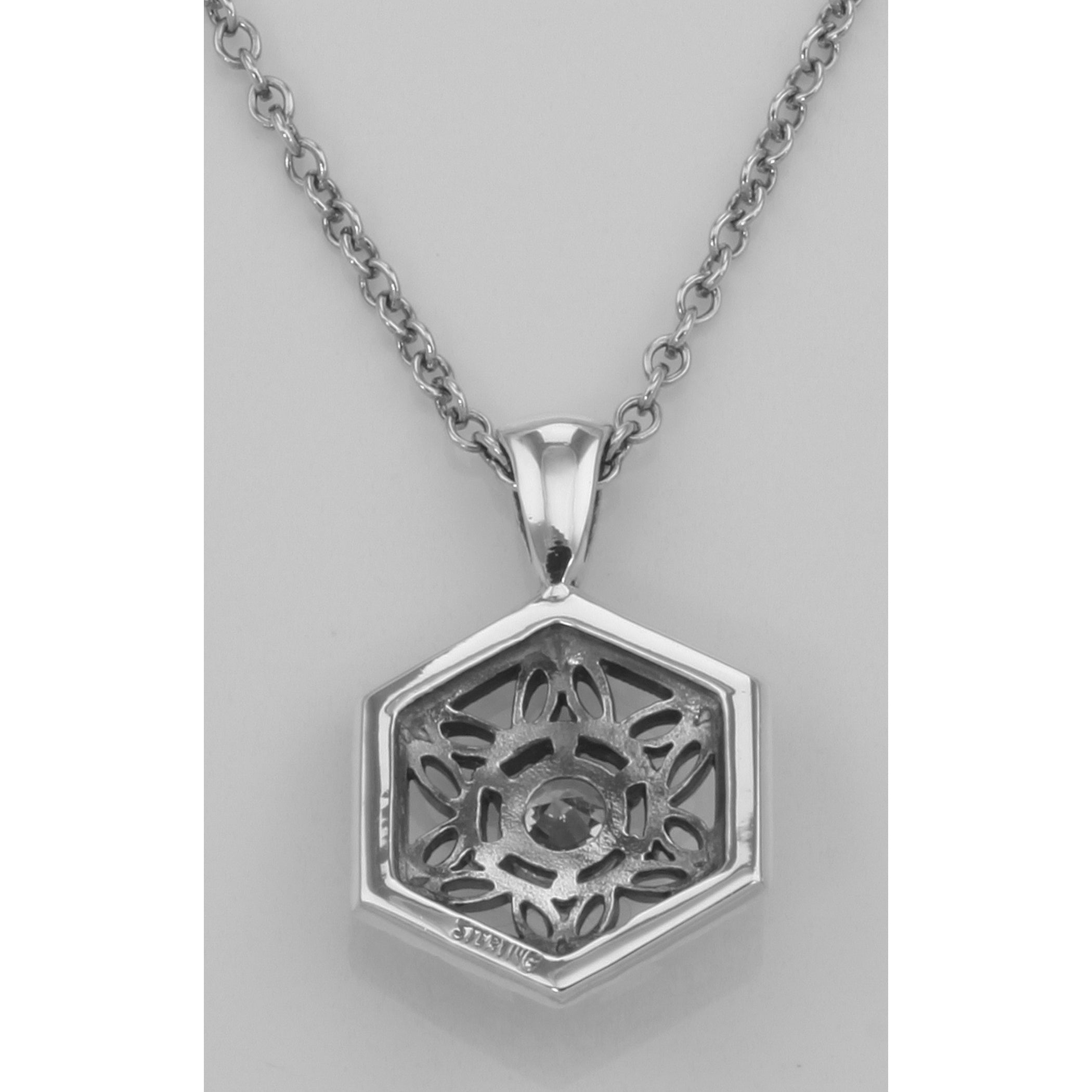 Detail view of Art Deco Hexagon Filigree CZ Pendant w/ Adjustable Chain highlighting CZ