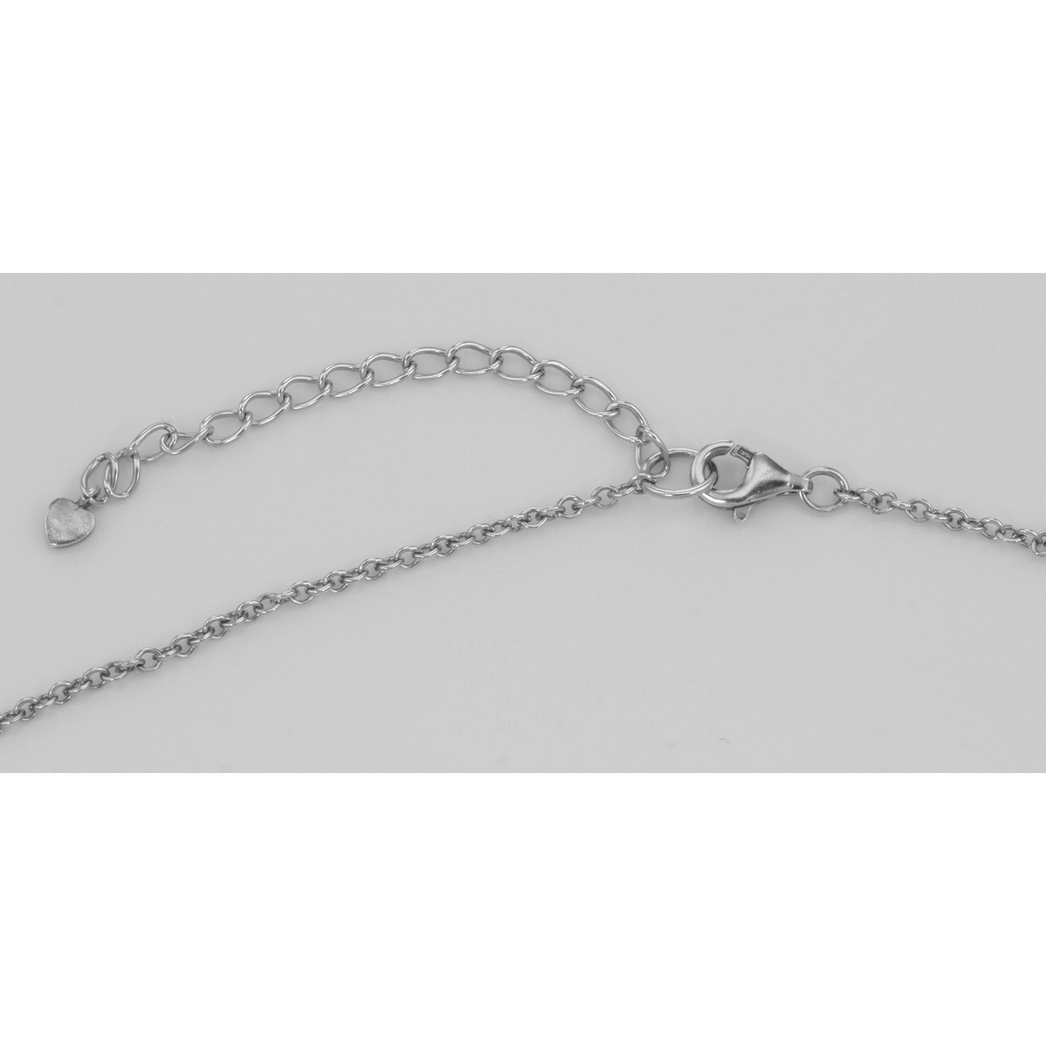 Back view of Art Deco Hexagon Filigree CZ Pendant w/ Adjustable Chain showing 925 sterling silver hallmark and spring ring cl