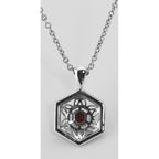 Back view of Filigree Garnet Pendant w/ adjustable Chain showing 925 sterling silver hallmark and spring ring clasp
