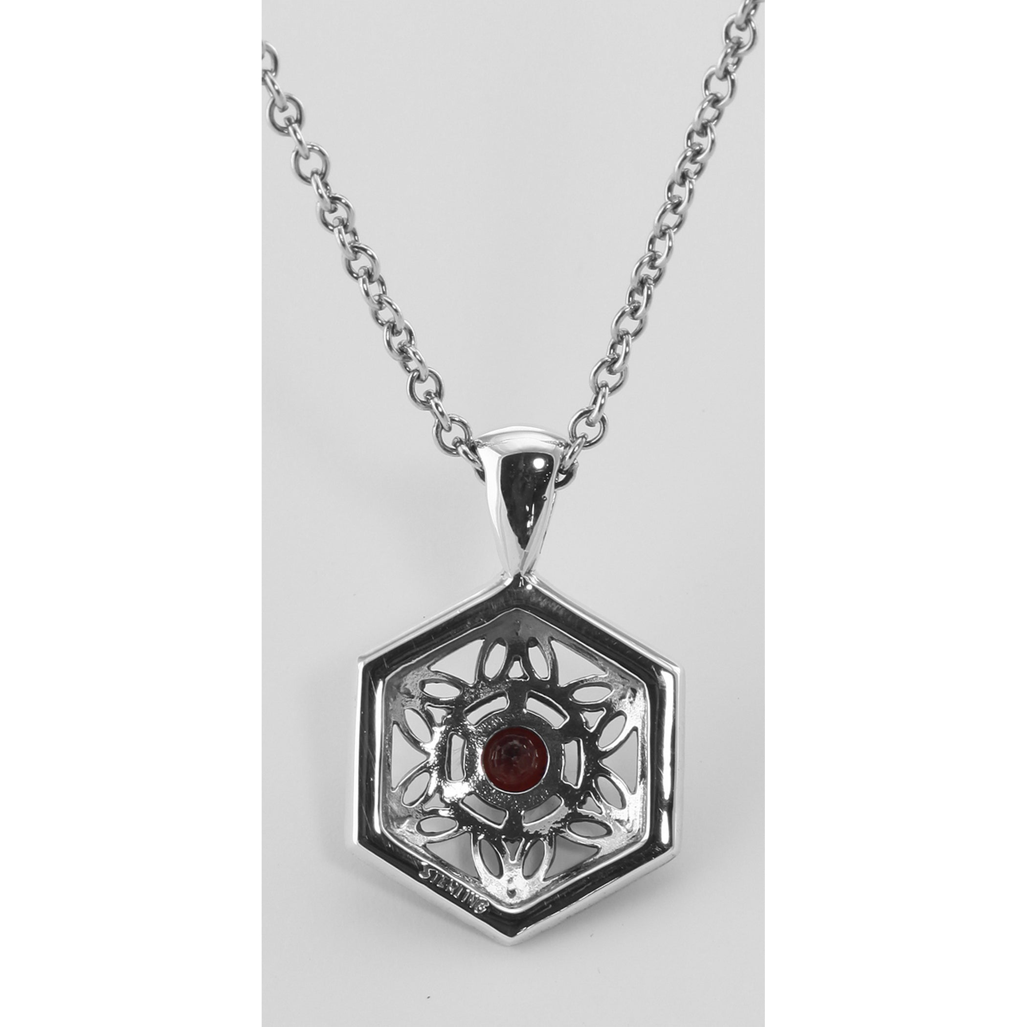 Back view of Filigree Garnet Pendant w/ adjustable Chain showing 925 sterling silver hallmark and spring ring clasp