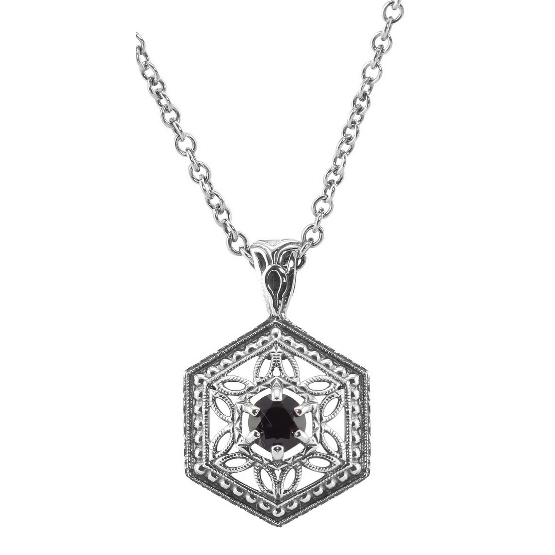 Filigree, Garnet, sterling silver pendants, front view