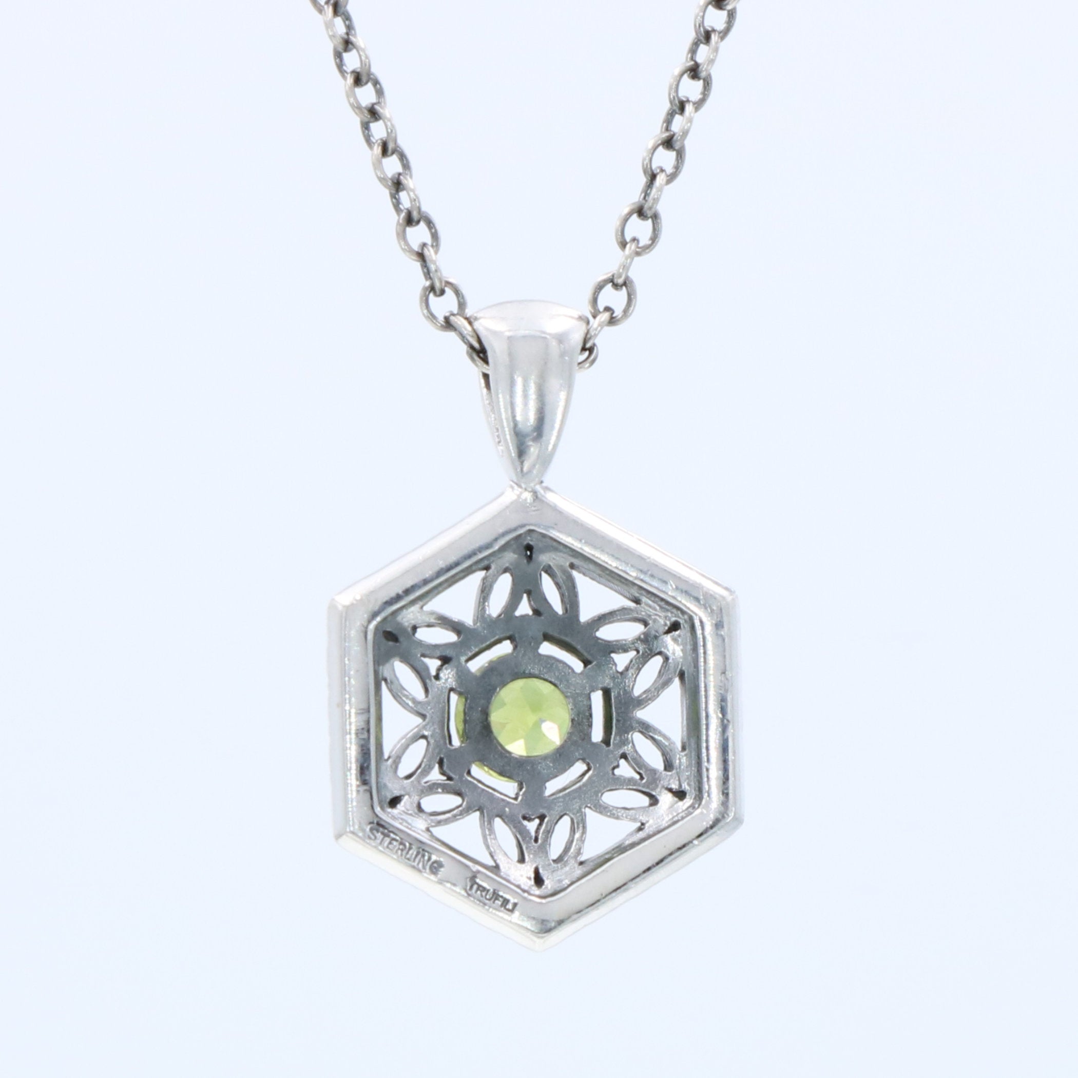 Back view of Art Deco Hexagon Filigree Green Peridot Pendant Adjustable Chain Sterling Silver showing 925 sterling silver hal