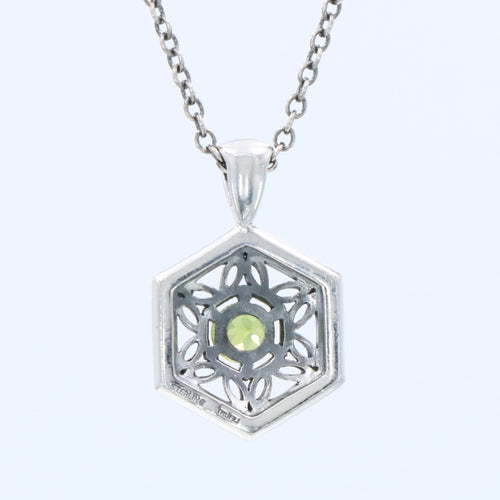 Back view of Art Deco Hexagon Filigree Green Peridot Pendant Adjustable Chain Sterling Silver showing 925 sterling silver hal