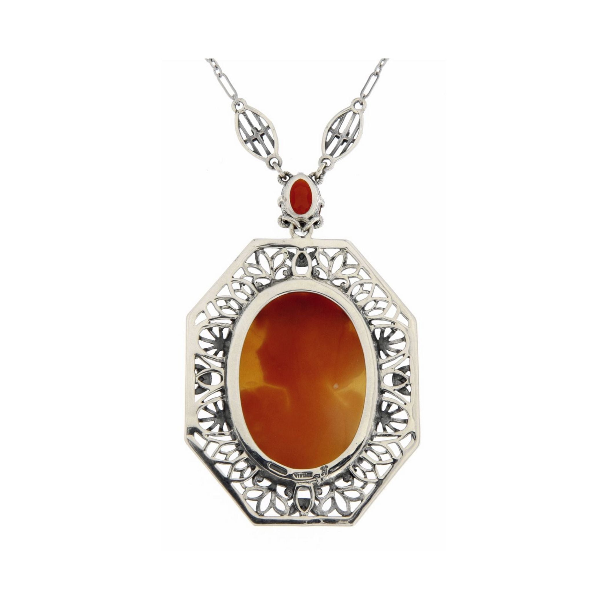 Back view of Hand Carved Italian Shell Cameo and Carnelian Filigree Necklace Sterling Silver showing 925 sterling silver hall