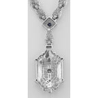 Back view of Victorian Style Diamond, Sapphire and Enamel Filigree Necklace Sterling Silver showing 925 sterling silver hallm