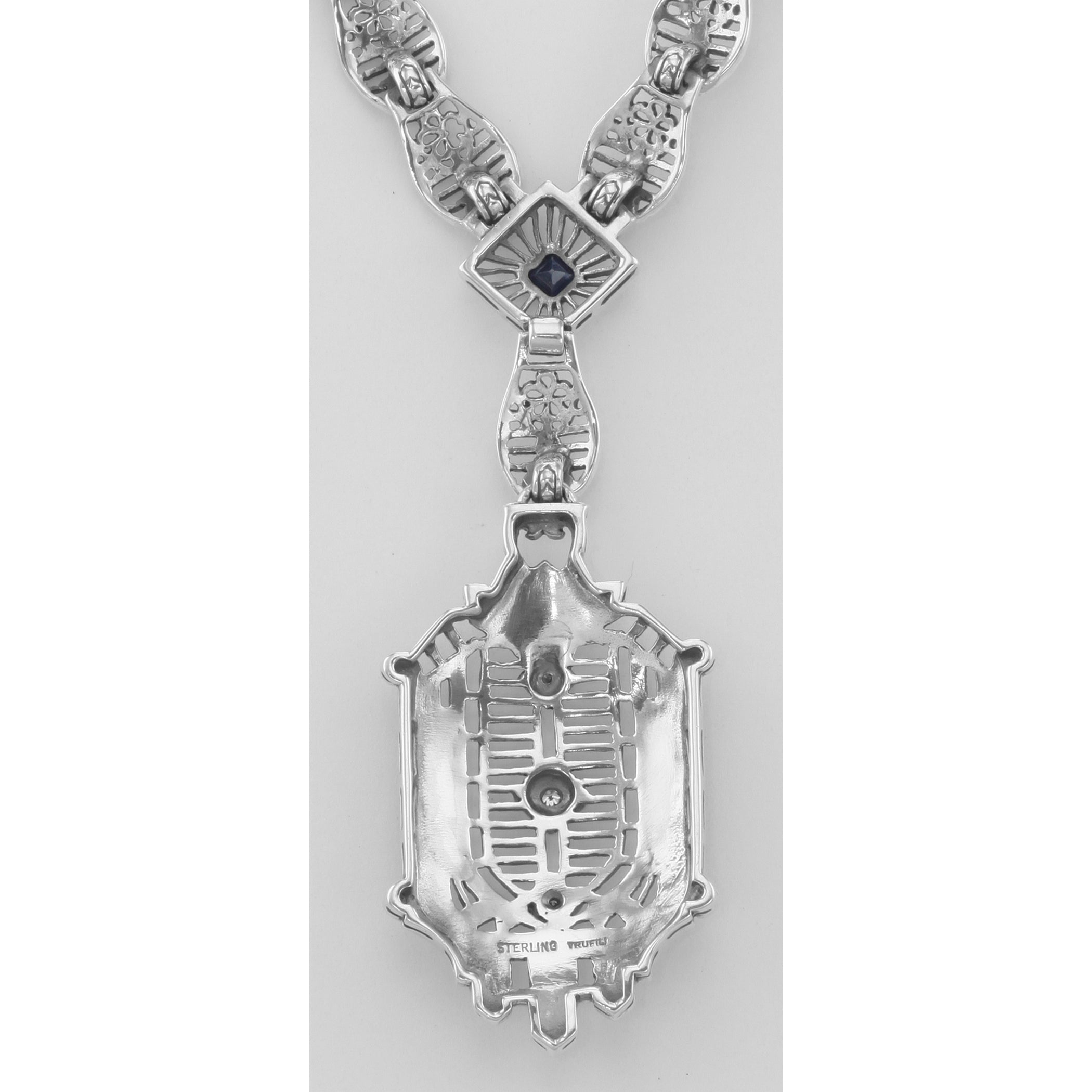 Back view of Victorian Style Diamond, Sapphire and Enamel Filigree Necklace Sterling Silver showing 925 sterling silver hallm