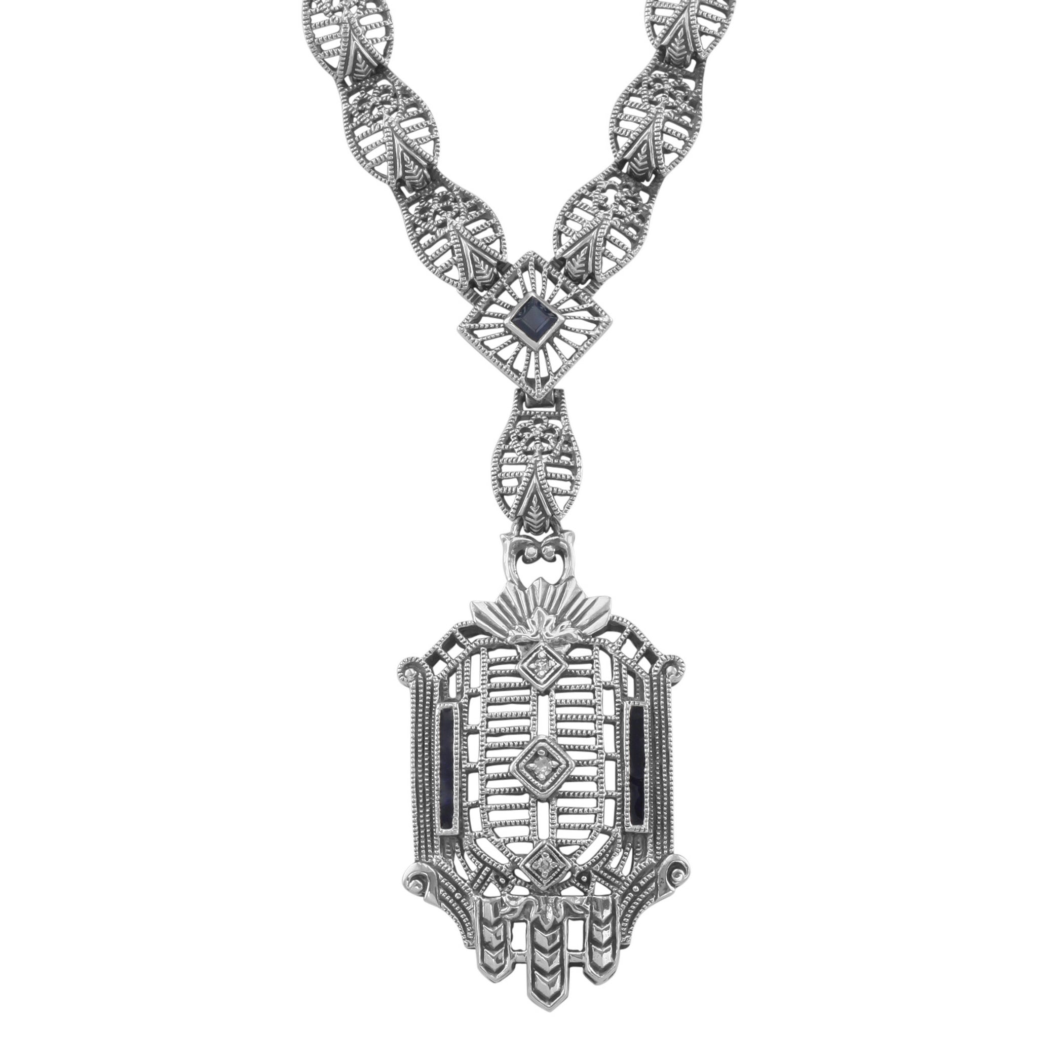 Victorian style, Sapphire, Diamond, sterling silver necklaces, front view