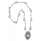 Detail view of Victorian Style Synthetic Aquamarine and Pearl Filigree Necklace Sterling Silver highlighting Pearl