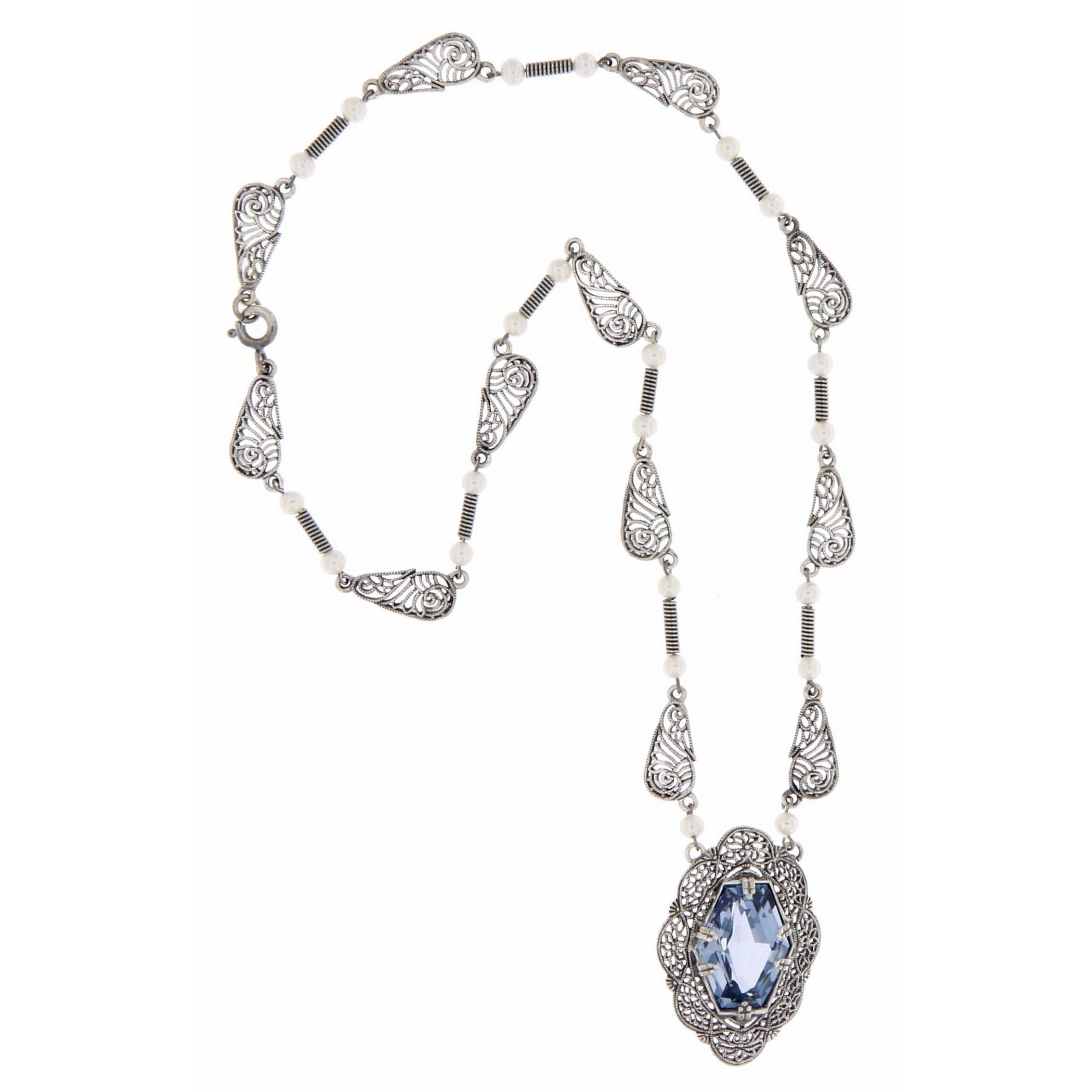 Detail view of Victorian Style Synthetic Aquamarine and Pearl Filigree Necklace Sterling Silver highlighting Pearl