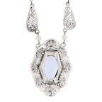 Back view of Victorian Style Synthetic Aquamarine and Pearl Filigree Necklace Sterling Silver showing 925 sterling silver hal