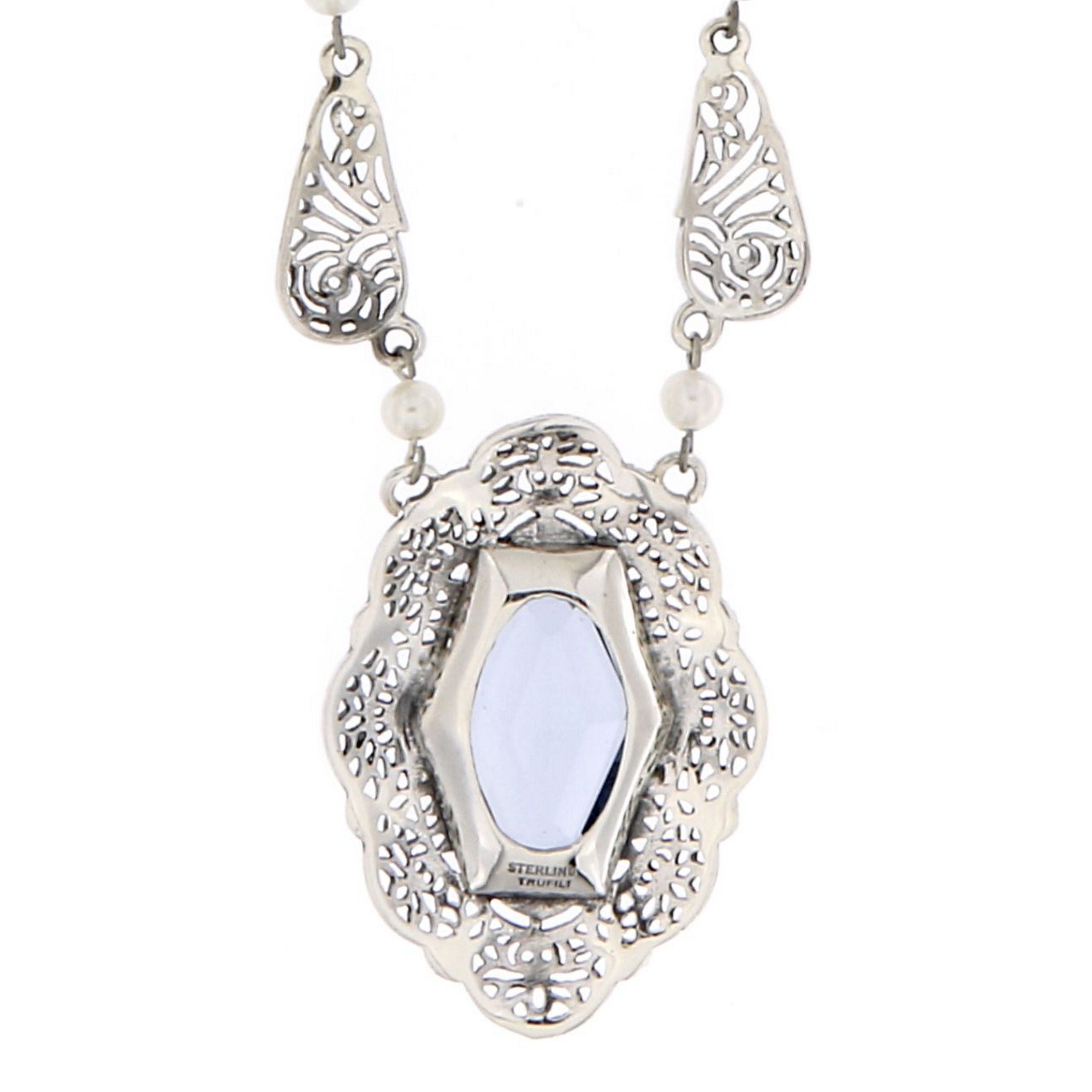 Back view of Victorian Style Synthetic Aquamarine and Pearl Filigree Necklace Sterling Silver showing 925 sterling silver hal