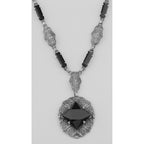 Detail view of Unique Art Deco Black Onyx Filigree Necklace highlighting Black Onyx, Onyx